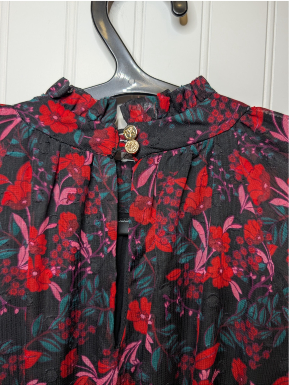 Draper James Clip Dot Floral Puff Sleeve Smocked Midi Dress XS Black Red - Picture 6 of 8